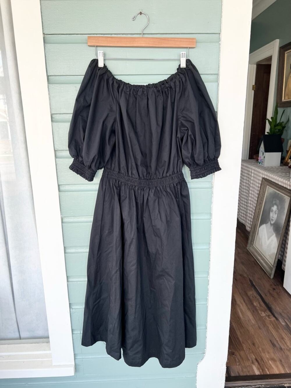 Gap 100% cotton black puff sleeve midi dress off shoulder peasant whimsigoth XS
